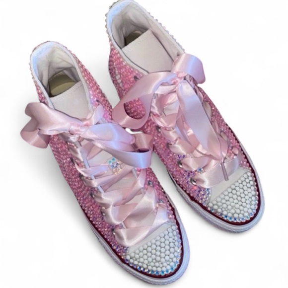 Luminous Pink & Crystal High Top Converse Sizes 5-14 New In Box With Ribbon Lace - Picture 3 of 13